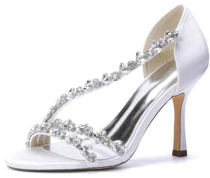 Genérico Sandalias de Novia Mujer con Cristales Brillantes y Tacón Stiletto 9,5 cm, Zapatos Elegantes Satinados para Boda y Fiesta,Blanca,40 EU