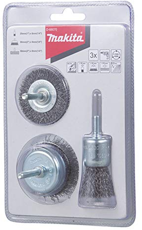 Makita D-66070 - Juego de 3 cepillos de alambre para eliminar el óxido y limpiar, 25 mm de diámetro, 50 mm de diámetro, 50 mm de diámetro, mango redondo