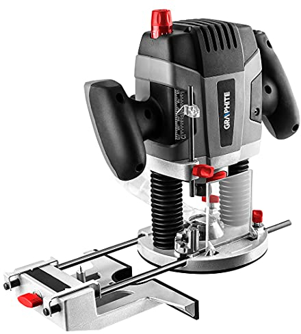 GRAPHITE Toupie 1300W, mandrino 6, 8, 12 mm, velocità 11000-28000 min-1, peso 3,5 kg, corsa 55 mm, accessori: 3 pinze di serraggio, bussola di guida per la copiatura delle sagome, fresa circolare