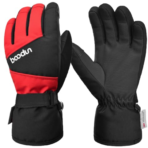 Azarxis Kinder Skihandschuhe Reißfeste und Winddichte Handschuhe Kalt Wetter Fahrradhandschuhe Winterhandschuhe atmungsaktiv für Jungen und Mädchen (Schwarz & Rot, L/XL)