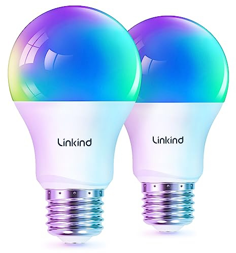 Linkind Matter Smart Light Bulb, Smart Bulbs Work with Apple Home/Siri/Alexa/Google Home/SmartThings, LED Color Changing Light Music Sync RGTBW, Smart Home, 60W 800LM A19 E26 2.4Ghz WiFi Only, 2 Pack