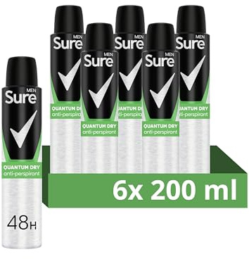 Sure Men Quantum Dry Anti-Perspirant Aerosol Men's Deodorant with MotionSense technology and citrusy, spicy & woody notes for 48 hour protection against sweat and odour 6x 200 ml