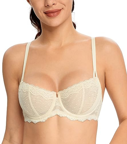 HACI Women's Lace Mesh Balconette Bra Sheer Demi Scoop Neck Plus Size Sexy Full Coverage Unlined Underwire(Nude,32A)