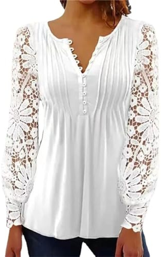 BISKAMY Tops for Women UK Elegant Ladies Tops Lace Patchwork Shirts Long Sleeve V Neck Blouse Plus Size Casual Loose T-Shirt， White Small