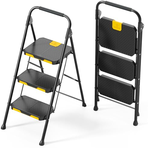 KINGRACK Leiter 3 Stufen, trittleiter 3 Stufen klappbar, haushaltsleiter mit rutschfestem, breitem Pedal und Handläufen, leichte Haushaltsleiter für Küche, Vorratskammer, Schränke, Büro(Schwarz)
