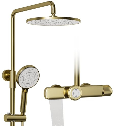Duschpelare, borstat guld, termostatisk duschpelare, 3-i-1 duschpelare set med 260 x 260 mm stort regnduschhuvud, duschstång med duschhuvud och dusch, regndusch med tillbehör