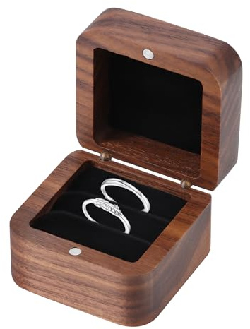 TYSM-CC Scatola portagioie in legno di noce con rivestimento interno in velluto – Elegante contenitore per anelli di fidanzamento, fedi nuziali e gioielli preziosi (5,5x5,5x3,8 cm)