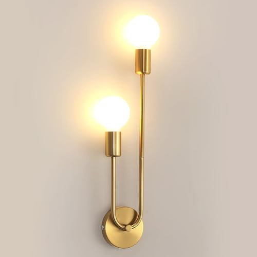 Riserva Wandleuchte Innen Gold, E27 2-Flammig Wandlampe Vintage Unten Links, Oben Rechts, Wandleuchte Metall Industrial fur Schlafzimmer, Wohnzimmer, Esszimmer, Cafe, Bar, Hotel