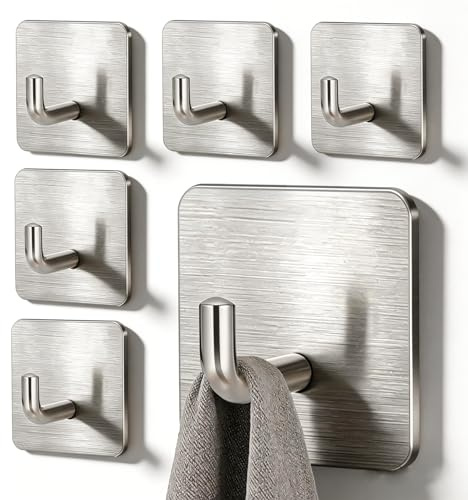UNILECON Handtuchhalter ohne Bohren 6er Set, 304 Edelstahl 10kg Extra Stark Klebehaken, Selbstklebend Wasserdicht Silber Handtuchhaken für Badezimmer（Silber）