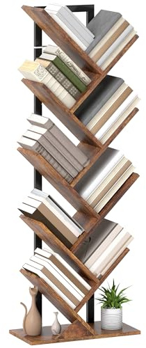 HOMCOM 9-Tier Tree Bookshelf, Industrial Free Standing Bookcase with Steel Frame, Display Storage Unit for CDs, DVDs, Albums, Living Room, Bedroom, Home Office, Study, Rustic Brown