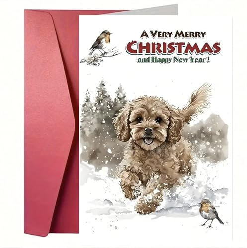 Generico 1 Biglietto di Auguri Natale e Capodanno con Cane Barboncino | Design Cartoon Fantasy, Busta Inclusa | Per Famiglia, Amici, Bambini | 12x17 cm