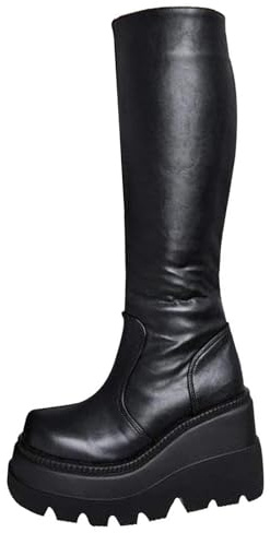 Women Platform Boots Gothic Punk Lace up Wedge Mid Calf Boots Winter Chunky Heel Combat Booties High Heels Faux Leather Casual Shoes
