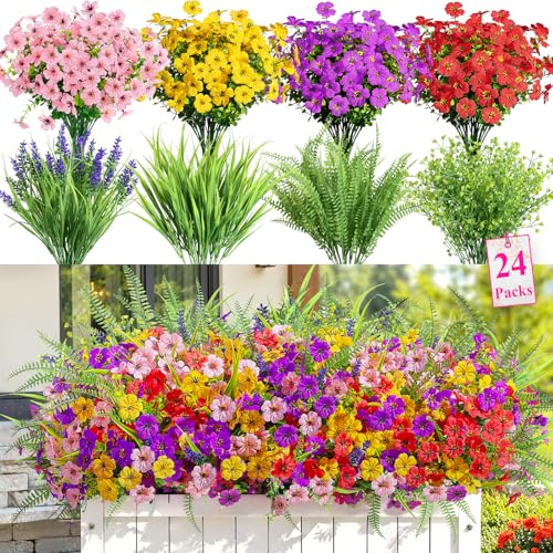 Alupssuc 24 Bundles Artificial Flowers Outdoor, UV Resistant Eucalyptus Violets and Lavender Silk Fake Flowers and Plants, for Home Garden Porch Window Wedding Decorations, Red Purple Yellow Pink