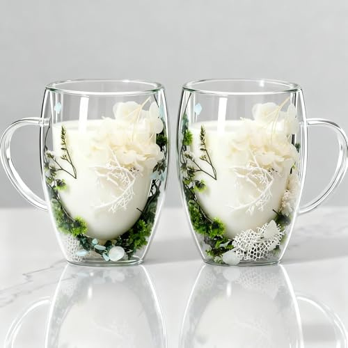 Lxoraziy 350 ml torkad blomma dubbelvägg glasmuggar set med 2, dubbelisolerade kaffemuggar med handtag, drinkglas tekoppsmuggar för kaffe te mjölk juice glass (grön serie)