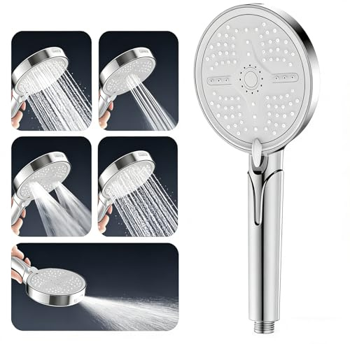 SEIDO Chrome Finish Handheld Shower Head - 5 Spray Modes, 5 Inch Rainfall High Pressure with Air Injection, Water Saving, Self-Cleaning Silicone Nozzles, Heat Resistant, Standard G1/2