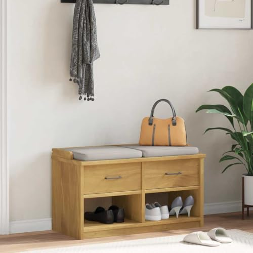 Plumbpyr Panca da corridoio Sandnes, 87 x 40 x 50 cm, in legno di pino massiccio, effetto noce con 2 cassetti e scomparti aperti, resistente panchina per ingresso e spogliatoio
