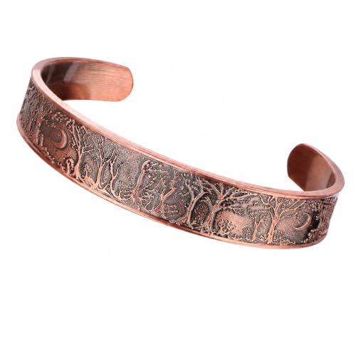 BioMag Bracelet Cuivre Homme Arbre De Vie Et Lune Idéal Cadeau | Bracelet Homme Cuivre Pur 100% Martelé Artisanal Réglable