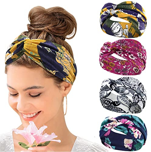 Kavya Bandeau Cheveux Femme, Headband Elastique Large Flower Headwear, Yoga Hair Bands, Accessoire Cheveux 4 Pièces