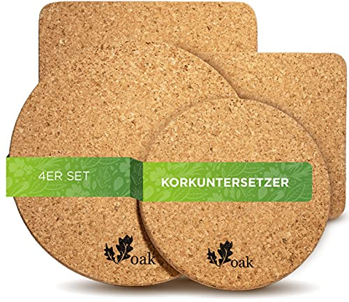 Voak® Grytunderlägg korkunderlägg uppsättning om 4 | 2 runda 2 fyrkantiga korkunderlägg | 100 % naturlig kork tillverkad i Portugal | 20 cm och 15 cm | halkfritt underlägg bordsset, tvättbar,