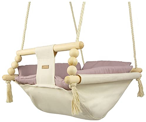 Babyschaukel Kleinkindschaukel Babyliegeschaukel Stoffschaukel Babywippe Wiege (Muster: cremefarben, rosa)