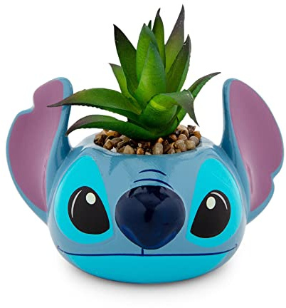 Disney Lilo & Stitch 3-Inch Ceramic Mini Planter with Artificial Succulent | Small Flower Pot, Faux Indoor Plants for Desk Shelf, Home Decor Trinket Tray and Collectibles (Blue, One Size)