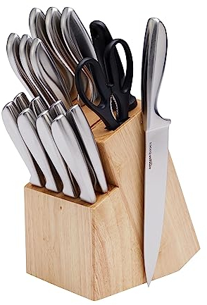 Amazon Basics 18 unità coltelli in acciaio INOX con impugnatura confortevole e blocco, Nero