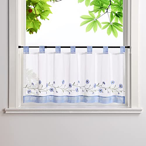HeichkelL Bestickte Scheibengardine Voile Kurzstores mit Schlaufen Pastorale Küchengardinen Landhausstil Bistrogardine Blau BxH 90x45 cm