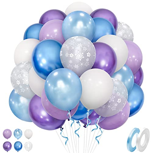 Ousuga Palloncini Frozen 50 Pezzi 12 Pollici Viola Bianco Blu con Stampa Fiocchi di Neve, per Compleanno Natale Capodanno Festa Frozen Battesimo Feste Decorazione