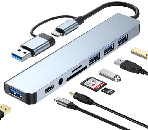 USB C Hub USB Hub 3.0, VIENON Aluminum 8 in 1 USB Extender with SD/TF Card Reader, 3.5mm Aux Headphone Jack for MacBook Pro Air and More PC/Laptop/Tablet Devices