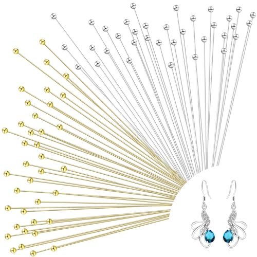 200 Stück Kugelkopf Pins Kupfer Nietstifte 50 mm Gerade Stifte Silberton Golden Ball End Headpins Stift-Entdeckungen für Ohrring Halsketten Schmuckherstellung Anhänger