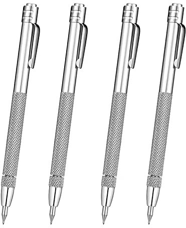 KEWAYO Penne Scriber Professionali (4 Pezzi), Punta in Carburo di Tungsteno, per Incisione Precisa su Acciaio Inox, Vetro, Ceramica, con Clip e Magnete (Argento)