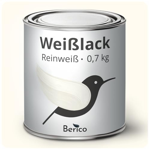 Berico Weisslack - 0,7 Kg - klassisches Weiß (ähnl. Reinweiß RAL 9010) - Seidenmatt - 3in1 Grundierung & Deckfarbe - Hohe Beständigkeit & Deckkraft - UV-Schutz - Holz, Metall, Kunststoff