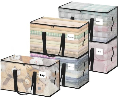 Vautvis 5 Pezzi Contenitori Per Armadio Salvaspazio, 100L Scatole Porta Impermeabili, Scatole Vestiti Rigide Trasparente, Grandi Vestiti Silos Di Immagazzinamento Di Biancheria Da Letto, Coperte