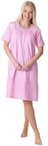 Camille 100% Cotton Short Sleeved Women's Nightie | Knee Length Nightdress | Comfortable & Breathable Traditional Nighty With Buttons | Classic Nightwear with Short Sleeves | Pink Polka Dot 14-16