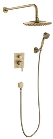 SWHC Colonna Doccia Incassato, Retrò Ottone Kit Doccia Completo Montato a Parete 2 Funzioni Set Doccia Incassocon Soffione 20cm e Doccetta, Corpo Valvola Regolabile Caldo e Freddo