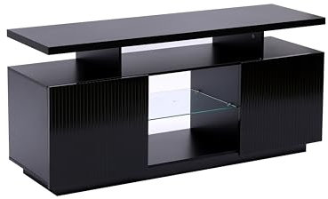 MMT Black TV Stand Cabinet with Fluted Doors, 130cm TV Unit for Living Room Furniture, Storage Cupboards, Open Storage & Soundbar Shelf, TV Cabinet for Up to 65 TV