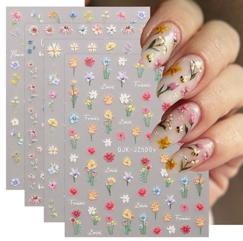 JMEOWIO 3D Embossed Flower Nail Art Stickers Decals Self-Adhesive 5D Spring Summer Floral Nail Supplies Nail Art Design Decoration Accessories 4 Sheets