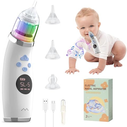 Bwaliffury Nasensauger Baby Elektrisch,Nasal Aspirator Baby, Elektrischer Baby Nasensauger mit Display, 5 SaugstäRken & 3 Silikonspitzen, Wiederaufladbar, Musik und Licht für Neugeborene & Säuglinge