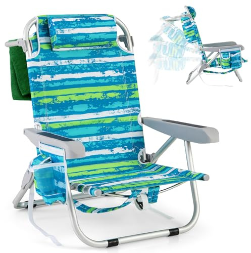 COSTWAY Chaise de Plage Pliable, 5 Positions Réglables, Vert | Chaise Longue Jardin, Porte-Gobelet, Porte-Serviette, Poches, Appui-tête, Sangles, Fauteuil pour Plage Piscine, Charge 150 kg