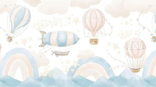UNIK Nordic Vliestapete Custom, Ballons Aquarell Rosa/Blau, Tapete Heißluftballon, Fototapete Baby- und Kinderzimmer, XXL Kindertapete in Pastell Farben, Regenbogen Motiv, Made in Germany