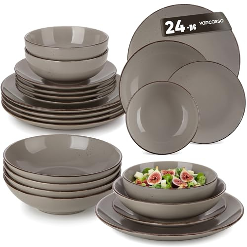 vancasso Navia 24-Piece Vintage Look Grey Stoneware Dinner Set for 6 | 24-piece grey stoneware dinnerware set for 6 with dinner plates, dessert plates, cereal bowls and soup bowls