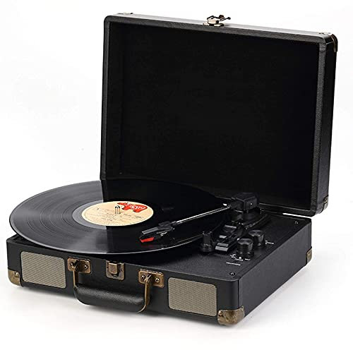 SGKOMN Giradischi a Valigia con Altoparlanti integrati, Giradischi Bluetooth a 3 velocità, Supporta Dischi da 12/10/7 Pollici, Jack per Cuffie, Lettore Vinile, Black