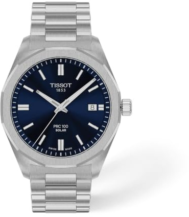 Tissot PRC 100 Solar, Blue Dial, 39mm Watch for Men, Silver Stainless Steel Bracelet, Solar Quartz Movement, T1514221104100