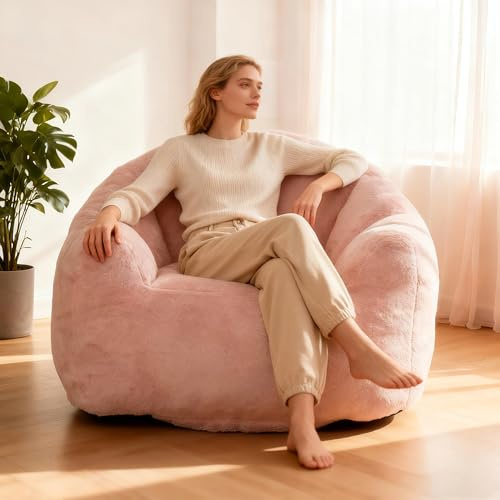 LinkRomat Bean Bag Chair, Giant Beanbag Chiar for Adults and Teens, Faux Fur Shell-Shaped Floor Sofa Couch with Filler, Comfy Chair for Living Room Reading, Gaming and Relax