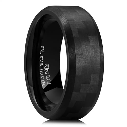 King Will Anello nuziale da uomo in acciaio inox con fibra di carbonio – Anello in acciaio inox nero da 8 mm, opaco e lucido, vestibilità comoda, elegante anello da sposa per uomini, durevole e