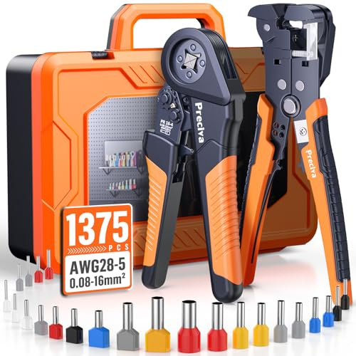 Preciva Crimpadora Terminales Cables Electricos,0,08-16 Mm²,1375Pcs Crimpadora Autoajustable de Trinquete y Pelacables, Para Electricista, AutomocióN y Bricolaje