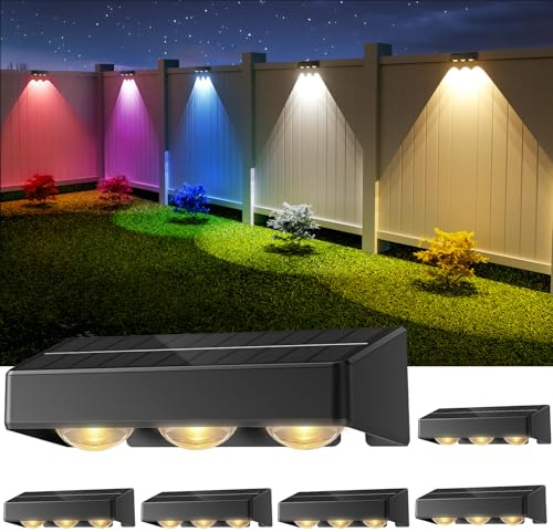 Solar Fence Lights 6 Pack, RGB Waterproof Solar Wall Lights Outdoor Garden | Fence Lights with 9 Colors 11 Modes, Solar Lights Outdoor Garden Ip65 Waterproof for Yard, Pathway, Patio, Fence Decoration