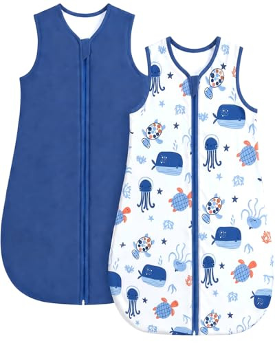 JiAmy Sac de couchage pour bébé, double couche avec rembourrage matelassé de 50 g, sac de couchage en coton comme couverture portable pour bébé de 0 à 24 mois, 0,5 Tog Bleu, 6-12 mois