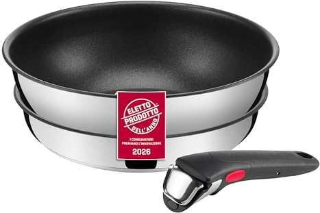 Lagostina Ingenio Inox, Set 3 Pezzi, Padella da 24 cm e Wok da 26 cm in Acciaio Inox, Rivestimento Antiaderente, Manico Rimovibile, Salvaspazio, Adatto a Tutte le Fonti di Calore, Inclusa Induzione