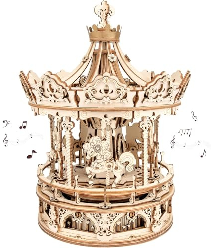 ROKR 3D Wooden Puzzles Music Box - DIY Model Building Kit Mechanical Merry-go-Round Exquisite Display Gifts for Teens Man/Woman Family